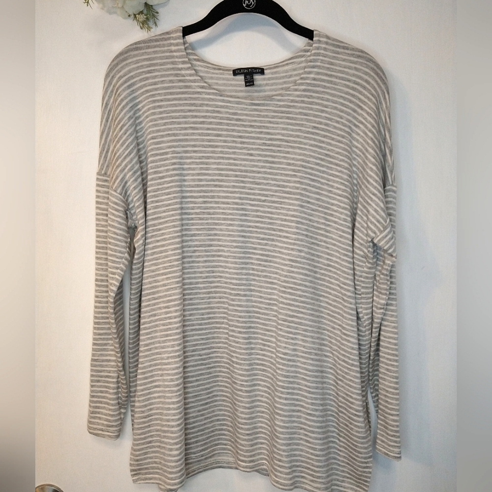 Eileen Fisher Grey & White Striped Tencel Drop Shoulder Long Sleeve Shirt